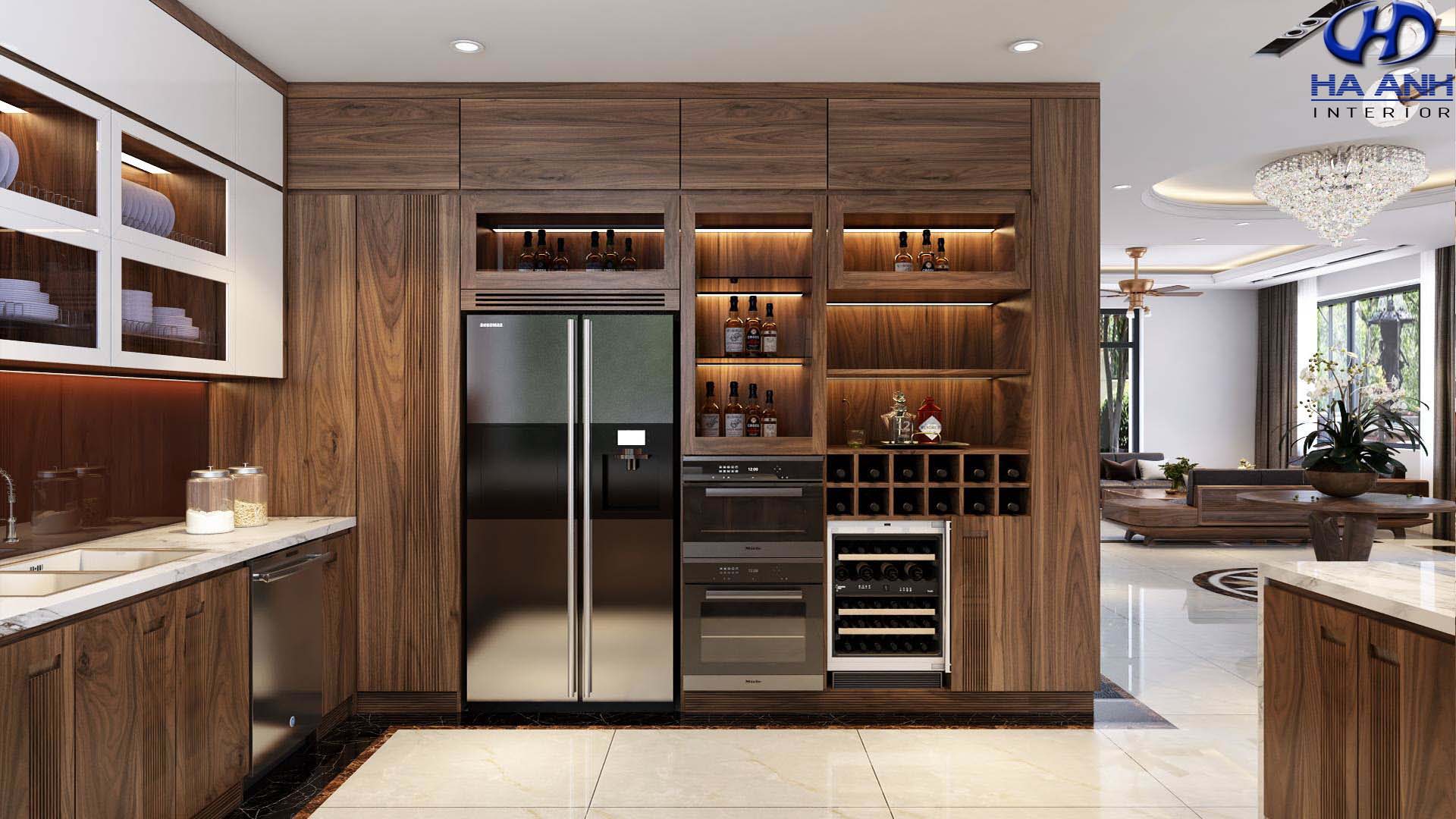 Thiết kế nội thất phòng bếp gỗ óc chó Hà Anh mang phong cách hiện đại